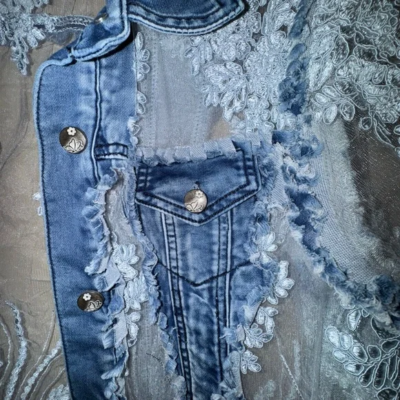 Elegant Blue Embroidered Sheer Denim Jacket - Picture 5 of 10
